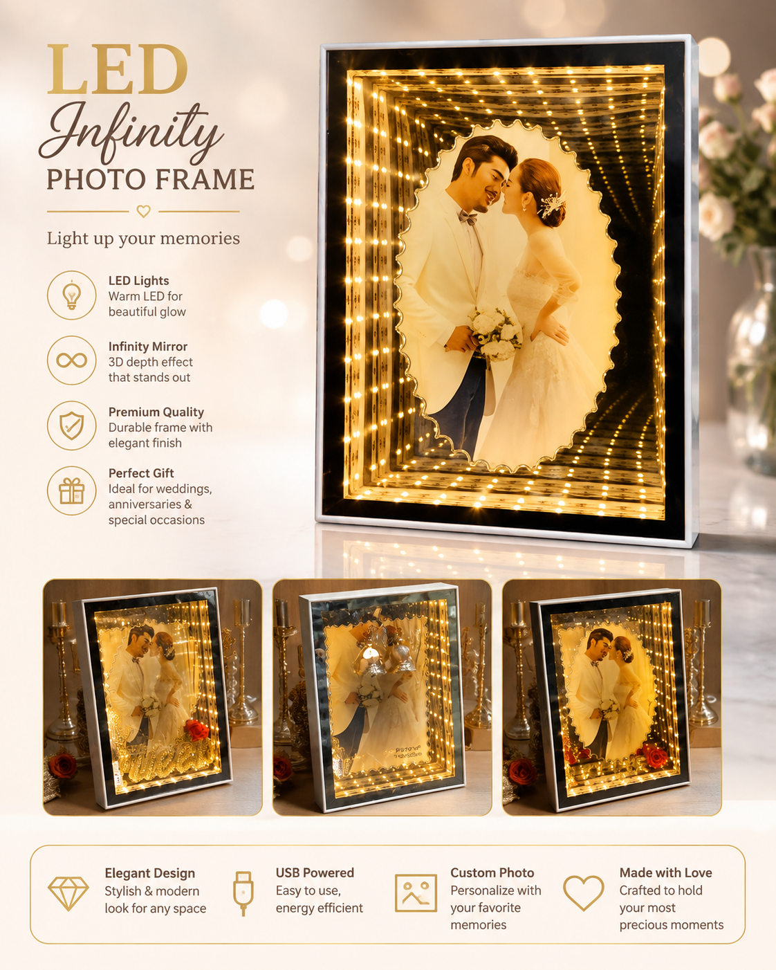 3D LED Infinity Mirror Photo Frame with Custom Picture | Personalized Glowing Memory Frame | Romantic Wedding & Anniversary Gift