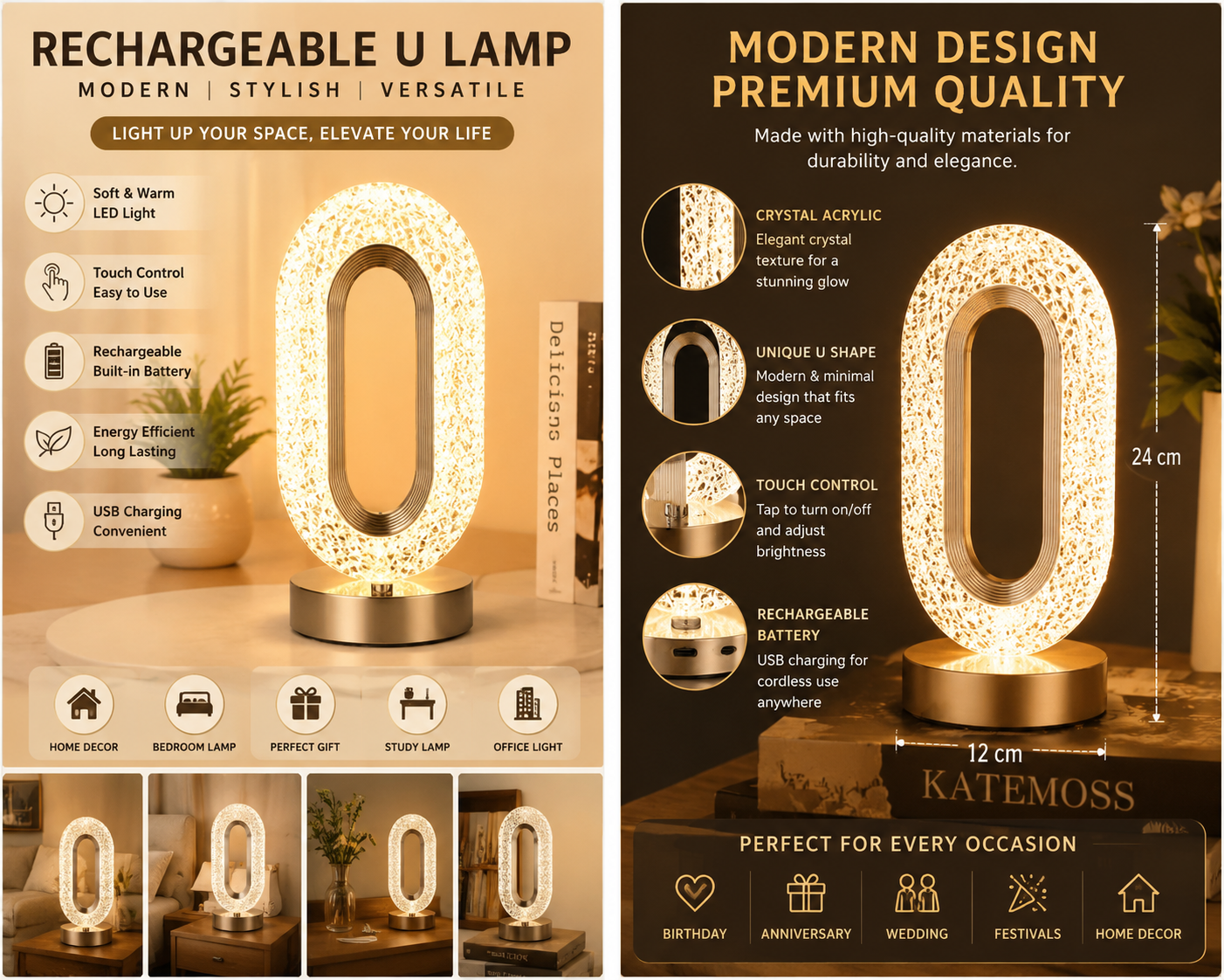 Rechargeable Crystal U-Shaped LED Table Lamp | Modern USB Touch Night Light for Bedroom, Living Room & Office