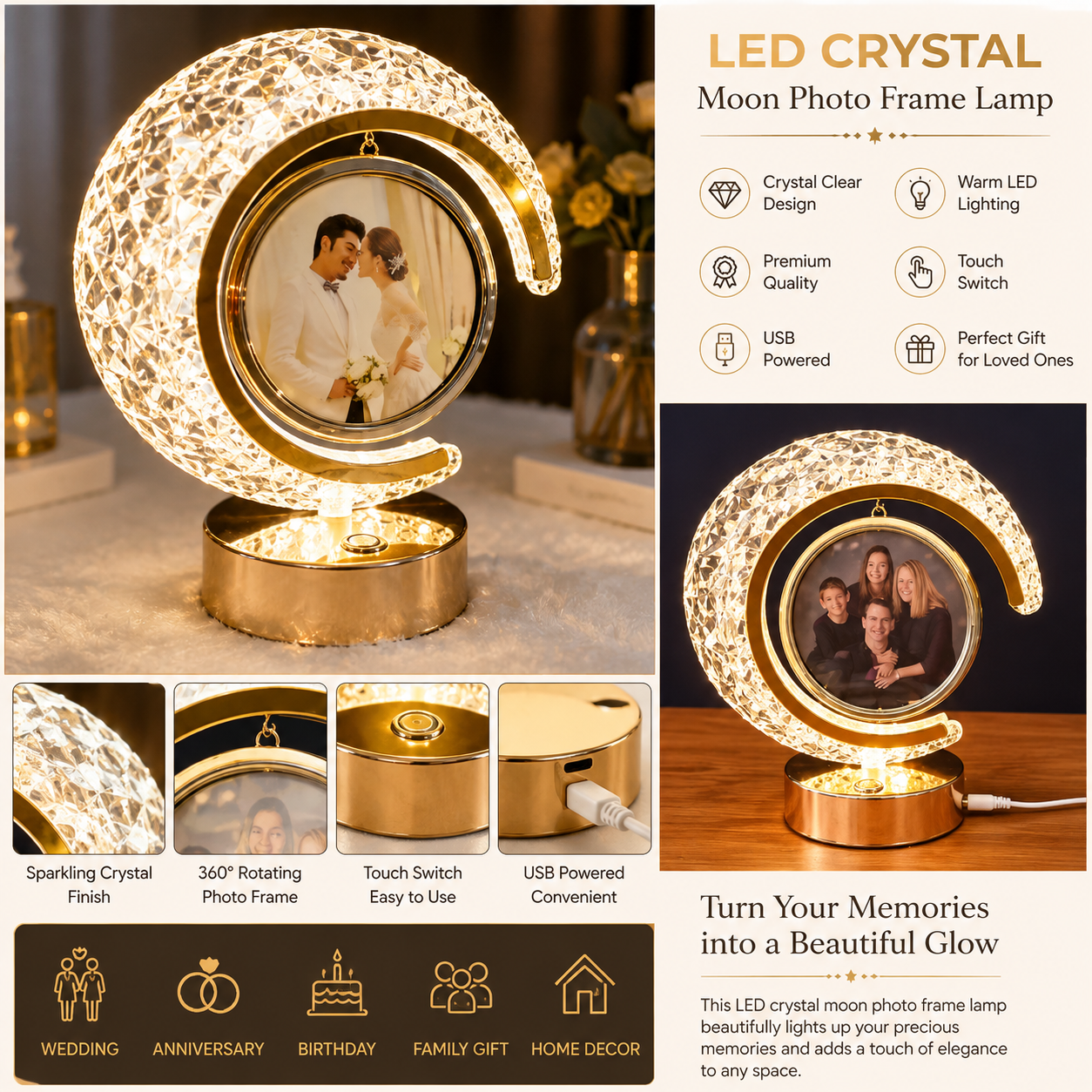 Personalized LED Crystal Moon Lamp with Photo Frame | Custom Moon Photo Lamp | Romantic Gift for Couples, Family & Loved Ones